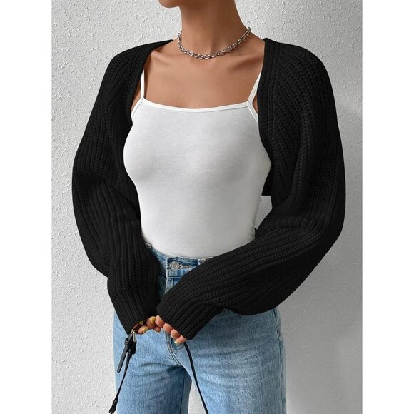 ❤️Women Black Qlarnaweer  Cropped Cardiga Bolero Shrug Sweater Open Front Knit - Picture 5 of 6